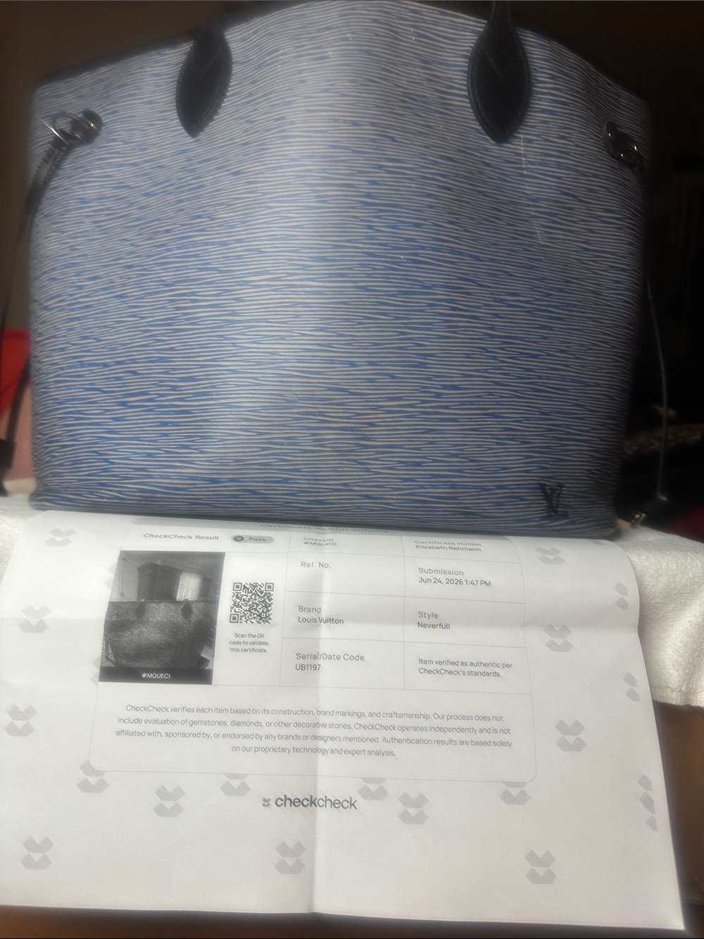 Louis Vuitton Blue Striated Epi Neverfull MM Leather Tote with Black Trim - Picture 12 of 12